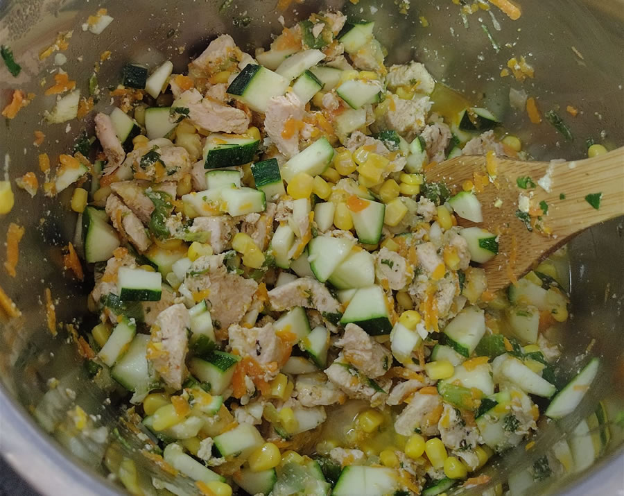 Sofrito con choclo y zapallo italiano